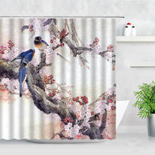 Cortinas de ducha con paisaje de pájaros y flores rosas, juegos de cortinas impermeables de decoración de baño, ganchos, pantallas de baño, arte de tinta de estilo chino 2024 - compra barato