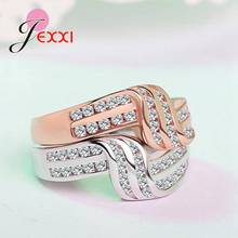 Novel Fashion Jewelry Two Rows Of Crystal Carved Shape Genuine 925 Sterling Silver Rings Silver/Rose Gold Color For Choice 2024 - buy cheap