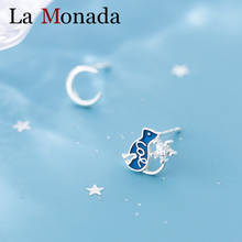 Pendientes de plata de ley S925 con forma de gato y Luna para mujer, joyería asimétrica con diseño de gato, circón azul, para fiesta 2024 - compra barato