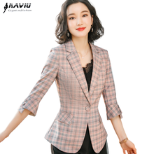 Naviu Pink Plaid Cotton Blazer Female Half Sleeve Veste Femme Printemps 2022 Jacket Office Ladies Casual Work Coat 2024 - buy cheap