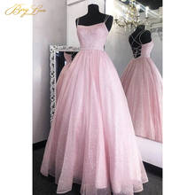 Vestido de baile de lantejoulas rosa claro, vestido longo de festa sensual com decote e glitter, tule com alça fina, vestido formal 2024 - compre barato