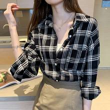 Blusa xadrez feminina, blusa feminina de manga longa xadrez estilo retrô para primavera e outono, tops casuais soltos 2021 2024 - compre barato