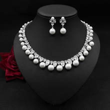 Conjunto de pendientes y collar con perlas grandes para mujer, joyería de circón cúbico en forma de gota de agua, para traje de novia y boda, 2020 2024 - compra barato