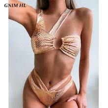 GNIM Sexy Shiny Swimwear Women Push Up One Shoulder Bikini Mujer 2020 Summer Brazilian Swimsuit Female Two Pieces Halter Biquini 2024 - buy cheap