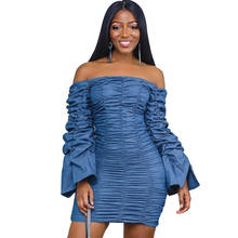 New design slash neck women mini dress flare sleeve draped sexy slim denim dress lady jeans vestidos DM980 2024 - buy cheap