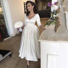 Sexy V Neck Short Wedding Dress 3/4 Long Sleeve White /Ivory Satin A-line Ankle Length Bride Gowns Backless Beach Wedding Gown 2024 - buy cheap