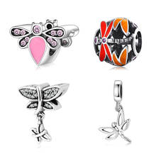 Hot 925 Sterling Silver Blue Enamel Pink CZ Dragonfly Charm Beads Fit Original Bracelet European for Women DIY Jewelry Making 2024 - buy cheap