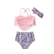 Bikini con estampado de volantes para niña, traje de baño con borlas, pantalones cortos de playa, bonito conjunto de verano 2024 - compra barato