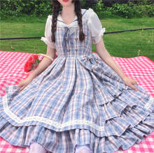 Vestido Lolita japonés diario collar de muñeca chicas Kawaii princesa sirvienta Vintage ajustada a cuadros vestido de tirantes chica dulce verano 2024 - compra barato