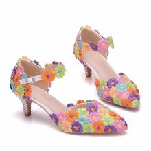 Zapatos de boda de encaje multicolor para mujer, Sandalias de tacón de fiesta con plataforma fina de cristal Queen, 5cm, zapatos Mary Jane 2024 - compra barato