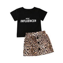 Conjunto de roupas duas peças para meninas, camiseta e mini saia de leopardo para crianças verão 2024 - compre barato