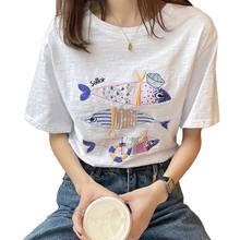 Cotton Short Sleeve T Shirt Women Summer New Base Tees Sequins Goldfish Embroidered Tops Femme 2024 - buy cheap