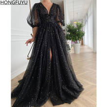 HONGFUYU-Vestidos de Fiesta de tul negro estrellado, ropa de fiesta de boda con escote en V, Mangas de media farol, con aberturas, vestidos de noche largos de línea a 2024 - compra barato