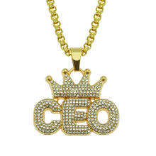 Hip Hop Rhinestones Paved Bling Iced Out Crown CEO Pendants Necklace for Men Rapper Jewelry Drop Shipping 2024 - buy cheap