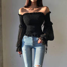 Solid Color Pleated Bow Fashion Women Ladies Long Sleeve Off Shoulder Cropped Tops Blouse Shirt Lace Up Corset 2024 - buy cheap