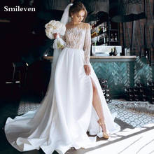 Smileven Elegant Satin Wedding Dresses Long Sleeve Lace Bride Gown Side Split Wedding Gown Covered Back Vestido de novia 2021 2024 - buy cheap