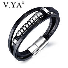 V.YA High Quality Stainless Steel Bracelet Fashion Black Leather Bracelets Friends Family Member Best Birthday Present 2024 - buy cheap