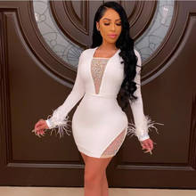 2021 New Women's Long Sleeve White Bandage Dress Sexy V-neck Mesh Diamond Feather Bodycon Mini Club Party Dresses 2024 - buy cheap