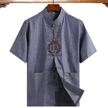 Camisa masculina tradicional chinesa bordada cinza, camisa de linho de algodão wu shu, uniforme de manga curta tai chi, blusa m a 4xl 2024 - compre barato