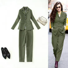 Talla grande para mujer 2020 otoño e invierno nuevo ejército verde ajustada traje de longitud media + Pantalones harem pantalones traje mujeres trajes 2024 - compra barato