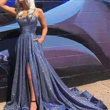 Blue Glittery Evening Dresses with Pockets 2022 Corset Back Sparkle Prom Dress Women Elegant Spaghetti Straps Formal Gown 2024 - buy cheap