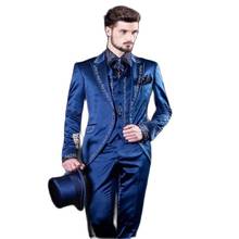 3Pc Tailored Blue Embroidery Blazer Trousers Groom Men Suits Tuxedo Tailcoat Groomsmen Wedding Prom Party Wear Jacket+Pants+Vest 2024 - buy cheap