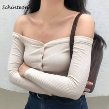 Schinteon Women Knitted Off Shoulder Top Long Sleeve Short T-shirt Slim Sexy Slash Neck Party Clothing Knitwear New 2024 - buy cheap