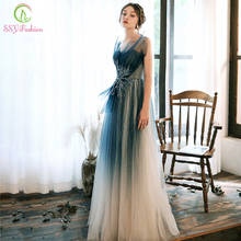 Ssyfashion vestido de noite, vestido romântico com gradiente azul, noite com lantejoulas e apliques, longo, vestido formal de baile 2024 - compre barato