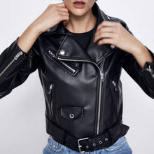 Женская мотоциклетная куртка из искусственной кожи, Черная байкерская верхняя одежда на молнии из искусственной кожи с поясом, Осень-зима 2021 2024 - купить недорого