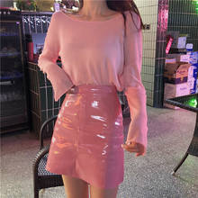 Women Fashion Two Pieces Outfits Solid Pink Long Sleeve T Shirts&Slim PU A Line Skirt Sets 2PC Thin Tops Tees&Mini Skirt Suits 2024 - buy cheap