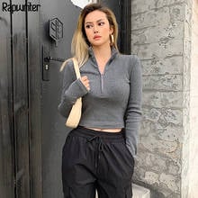 Rapwriter Casual Solid Middle Zipper Knitted Ribbed Turtleneck T-Shirt Girl 2020 Autumn Long Sleeve Hole Stretch Crop Tee Shirt 2024 - buy cheap