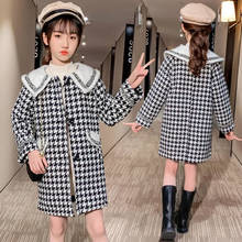 2020 Girls Houndstooth Plaid Woolen Coat Jacket Mid-length Autumn Winter Dress Plus Cotton Thickening Coat Pocket Outerwear 2024 - buy cheap