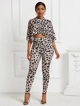 2020 Leopard print Women Office Two Piece Set Short Sleeve Tracksuit and Long Pants Set Outfits Conjunto Feminino 2024 - buy cheap