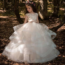 Vestido de renda infantil champanhe para meninas, vestido de primeira comunhão fofo com apliques de flores e rendas para casamentos 2024 - compre barato