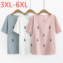 New 2021 summer plus size tops for women large loose short sleeve cotton linen pink white embroidery T-shirt 3XL 4XL 5XL 6XL 2024 - buy cheap