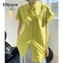 Summer Vintage Oversized Short Sleeve Shirts Women Korean Style Fashion Lemon Yellow Loose Casual Blouse Ladies Thin Long Shirt 2024 - buy cheap