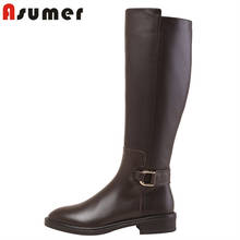 Asumer-botas femininas de couro legítimo com salto baixo, fivela redonda, zíper, sapatos casuais simples, femininas, 2021 2024 - compre barato