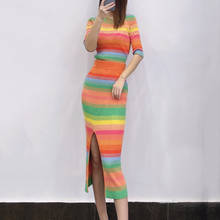 2021 High Fashion Two Piece Set Summer Women Contrast Color Striped O-neck Half Sleeve Top + Split Front Step Skirt 2 Peice Sets 2024 - buy cheap