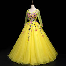 Real Images Yellow Women Evening Dresses Flowers Puffy Skirt Fashion Party Dress Bride Gowns Tulle Long Sleeves Appliques 2024 - buy cheap