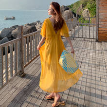 Women Yellow Maxi Dress Summer 2022 Runway Elegant Korean Boho Retro Fairy Backless Beach Vacation Party Night Long Vestidos New 2024 - buy cheap