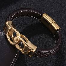 Gold Color Handcuff Brown Leather Bracelets For Men Fashion Stainless Steel Braided Leather Bracelets Punk Jewelry BB0748 2024 - buy cheap