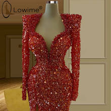 Vermelho sparkly lantejoulas sereia vestidos de noite 2021 muçulmano manga longa vestidos de noite feitos sob encomenda médio oriente formal vestidos femininos 2024 - compre barato