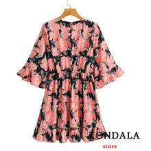 KONDALA Women Dress Za Fashion 2021 Vintage Floral Print Ruffles O Neck Mini Dress Flare Sleeve Loose Mujer Vestidos 2024 - buy cheap