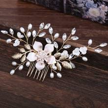 Golden Leaf Flower Crown Rhinestones Pearls Noiva Wedding Hair Comb Bridal Headpiece Crystal Tiara Hair Jewelry Accessories 2024 - buy cheap