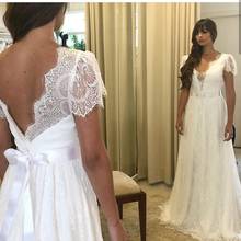 Wedding Dress Boho A-Line Vintage Low Back Short Sleeve Bridal Gown Lace Chiffon With Belt Floor Length Court Train Custom made 2024 - buy cheap