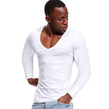 Camiseta de Color liso para hombre, camisa de manga larga con cuello en V profundo, corte bajo, cuello ancho, de algodón, ajustada 2024 - compra barato