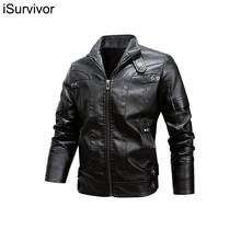 iSurvivor 2022 Men's Jacket Autumn And Winter Stand Collar Zipper Faux Leather Motorcycle Jacket Short Jacket Windproof And Warm 2024 - buy cheap