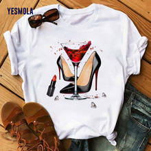 YESMOLA Woman T-shirts Wine High Heel Shoes White Ladies Shirt Tops Print Tshirt Female 2021 Summer Short Sleeve Tee Shirt 2024 - buy cheap