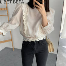 Blusa informal con manga abombada para mujer, camisa elegante de encaje de retazos, Tops cortos de tres cuartos, BL3101, 2021 2024 - compra barato