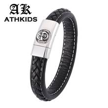 Pulseira masculina punk e preta de couro trançado, joia preta que risada de buda com fivela magnética de aço, pingente da moda pd0350 2024 - compre barato